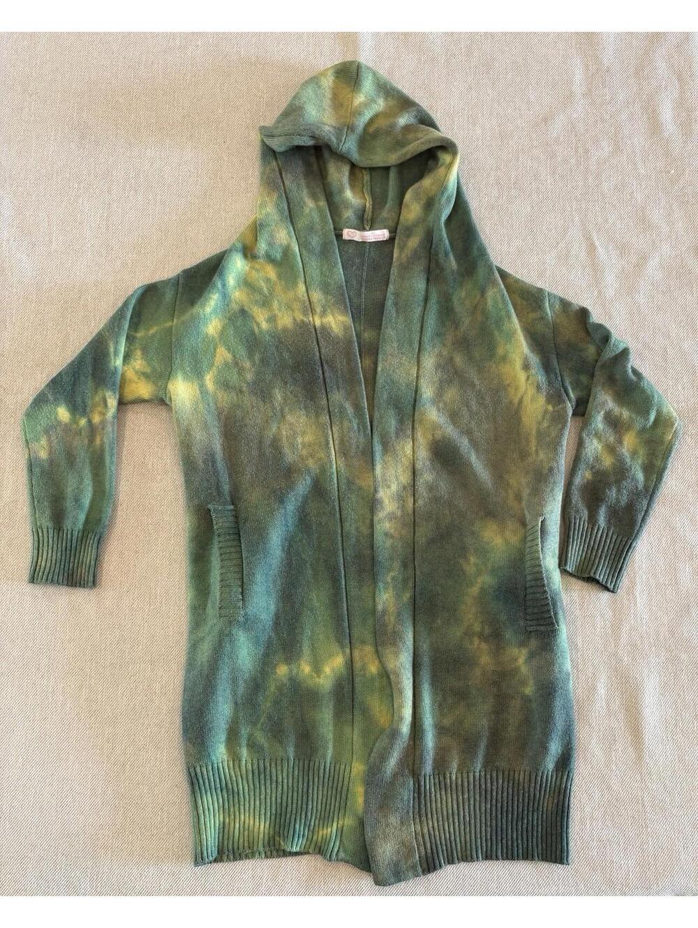 LBD Lynne Valentine M 100% Cashmere Cardigan Tie Dye Hood Open Front Pockets MED